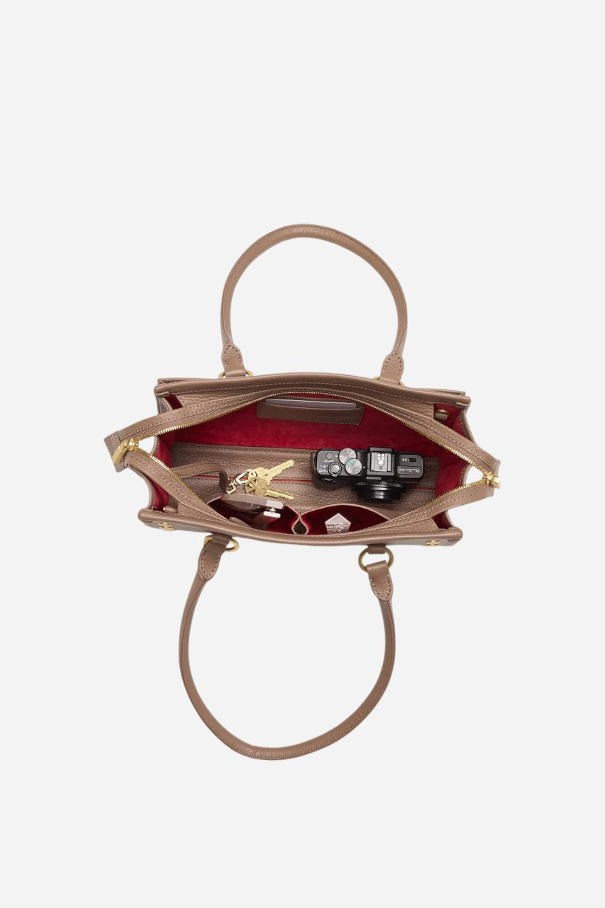 HAMMITT Allen Medium Sculpted Handbag in Taupe/Brushed Gold – flat lay