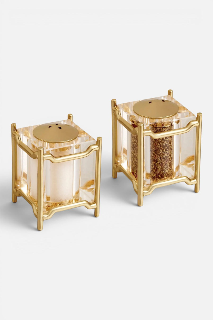 L'Objet Han Spice Jewels salt and pepper shakers in gold, set of two, angled view