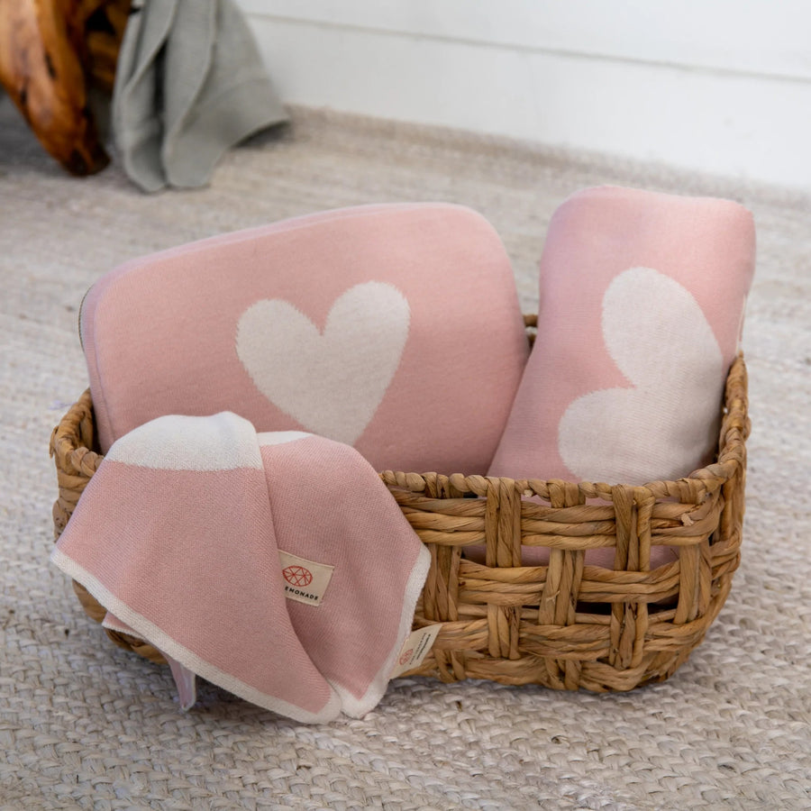Heart Pink Travel Blanket Set in Pearl/Ivory – back view