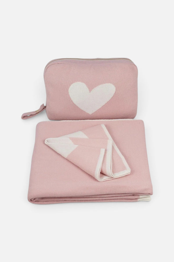 Heart Pink Travel Blanket Set in Pearl/Ivory