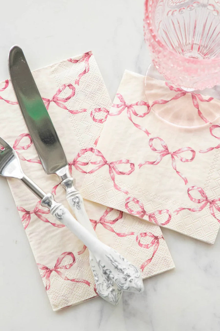 Hester & Cook Pink Bow Lattice Cocktail Napkins – back view