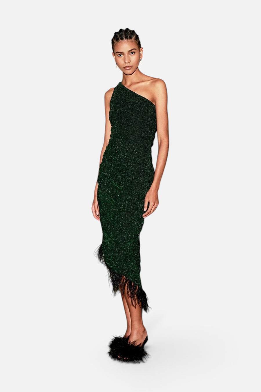 Hilaria Metallic Rib Knit + Feather Dress – front view