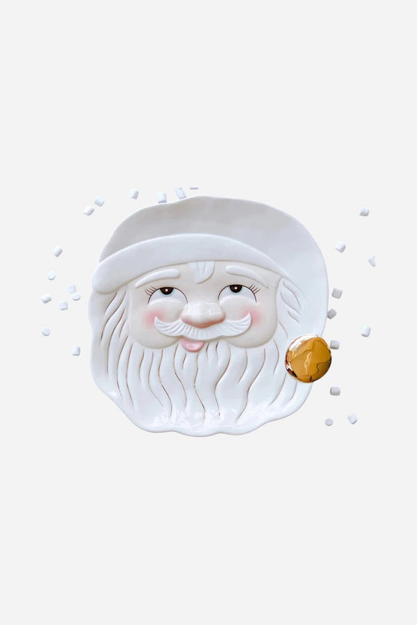 Holiday Papa Noel Santa Cookie Plate In White With Open Eyes