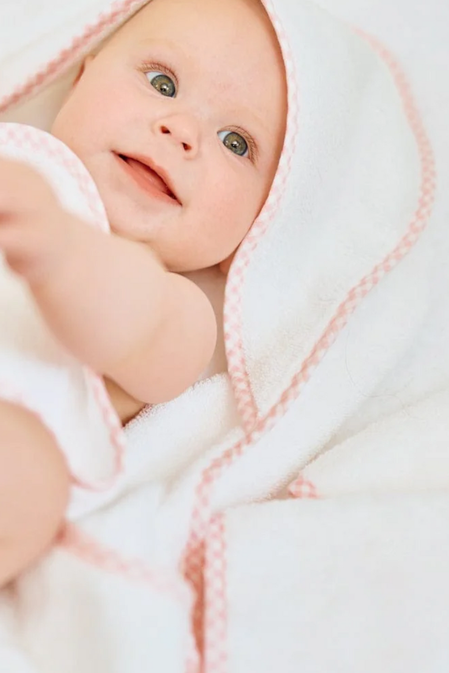 Weezie Baby Hooded Towel in Pink Gingham Trim