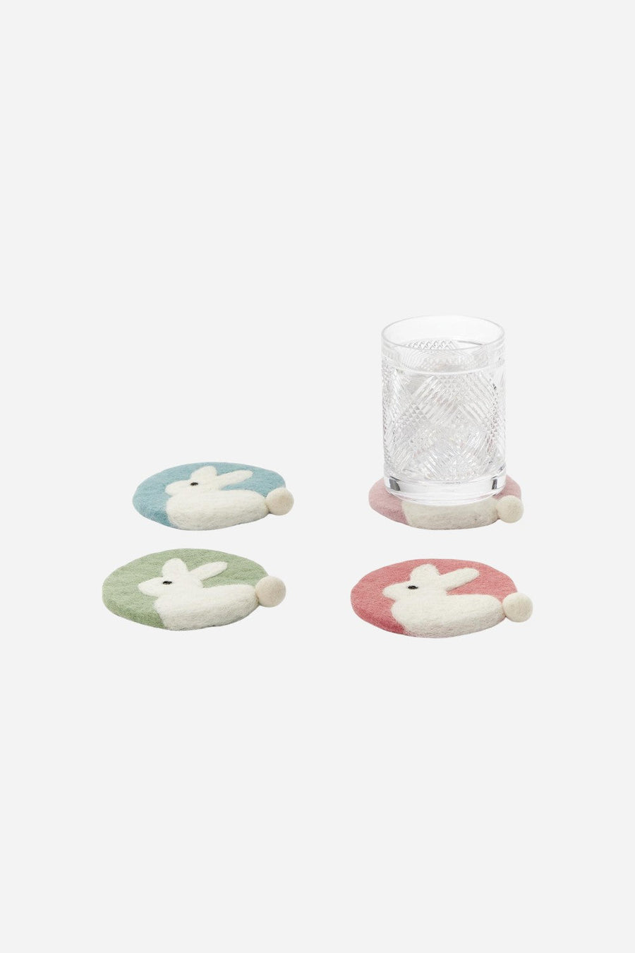 Hop to It Set of 4 Hand-Crafted Bunny with Pom-Pom Tail Coasters – side view