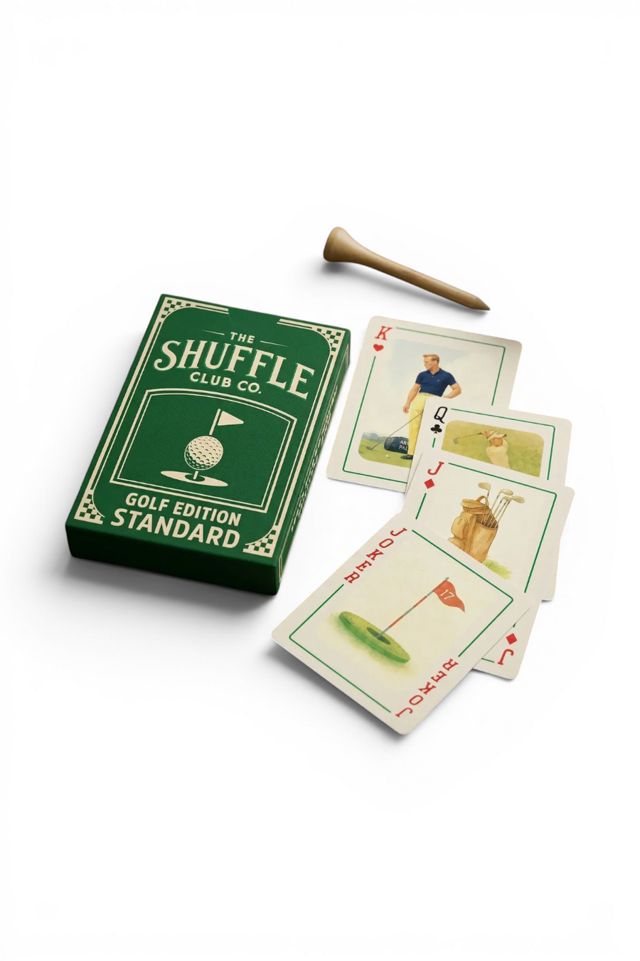 Shuffle Club golf playing cards deck, box front view.
