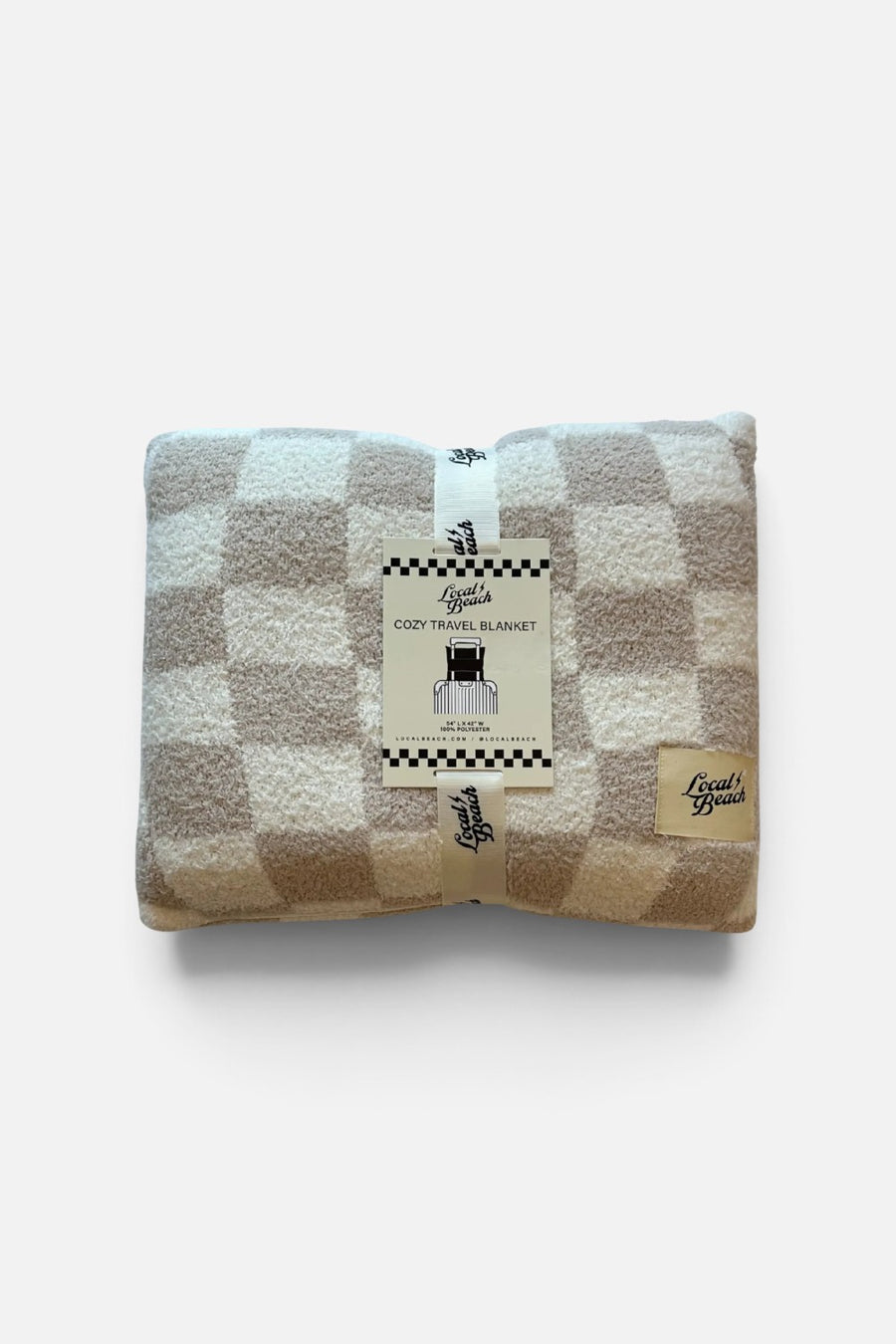 Local Beach Checker Cozy Travel Blanket in tan checkerboard knit, folded.