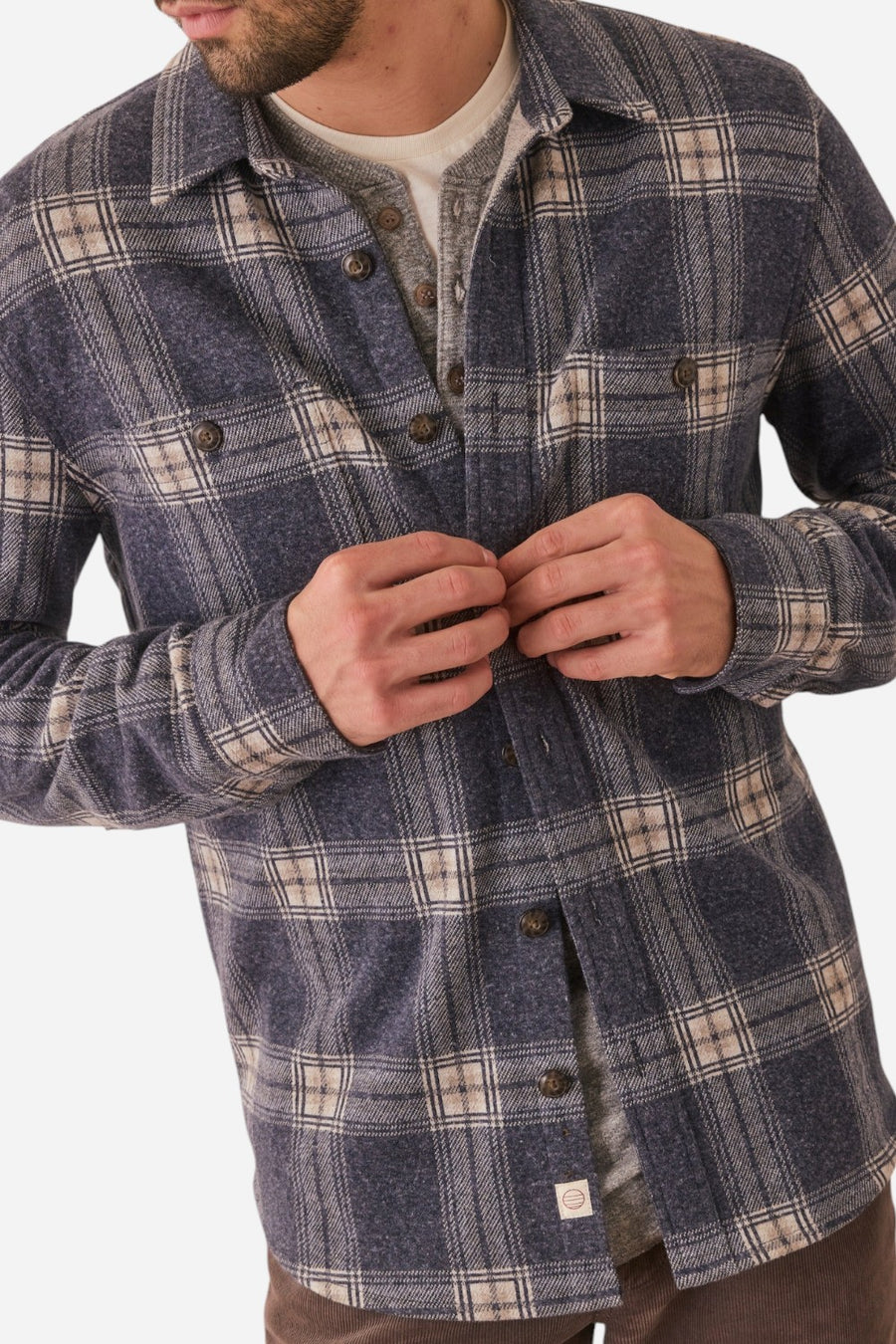 Marine Layer Pacifica Stretch Twill Shirt in Dark Blue Plaid