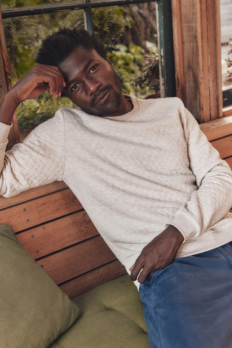 Marine Layer Corbet Quilted Crewneck in Dark Oat Heather