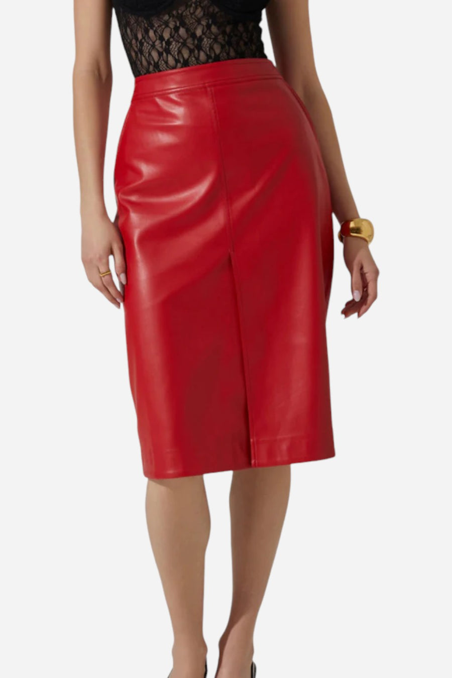 Astr the Label Ladonne Faux Leather Midi Skirt in Red