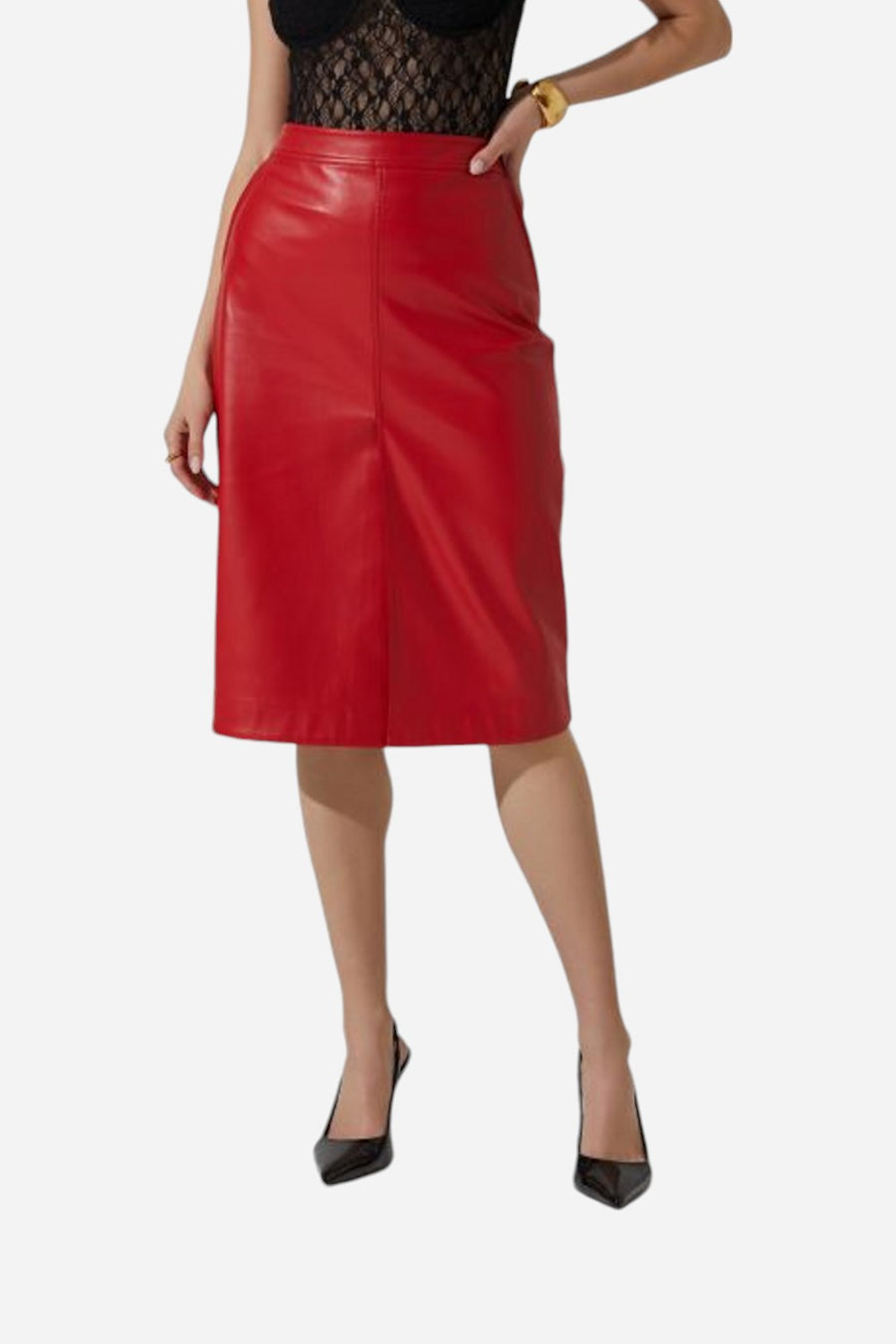 Astr the Label Ladonne Faux Leather Midi Skirt in Red