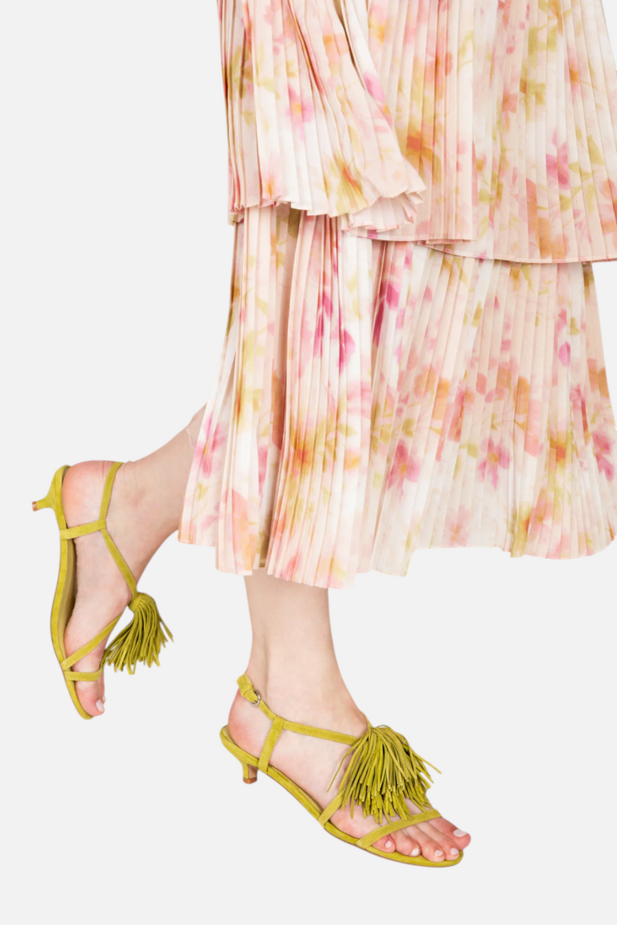 Intentionally Blank Chaperone Fringe Kitten Heel in Avocado – back view
