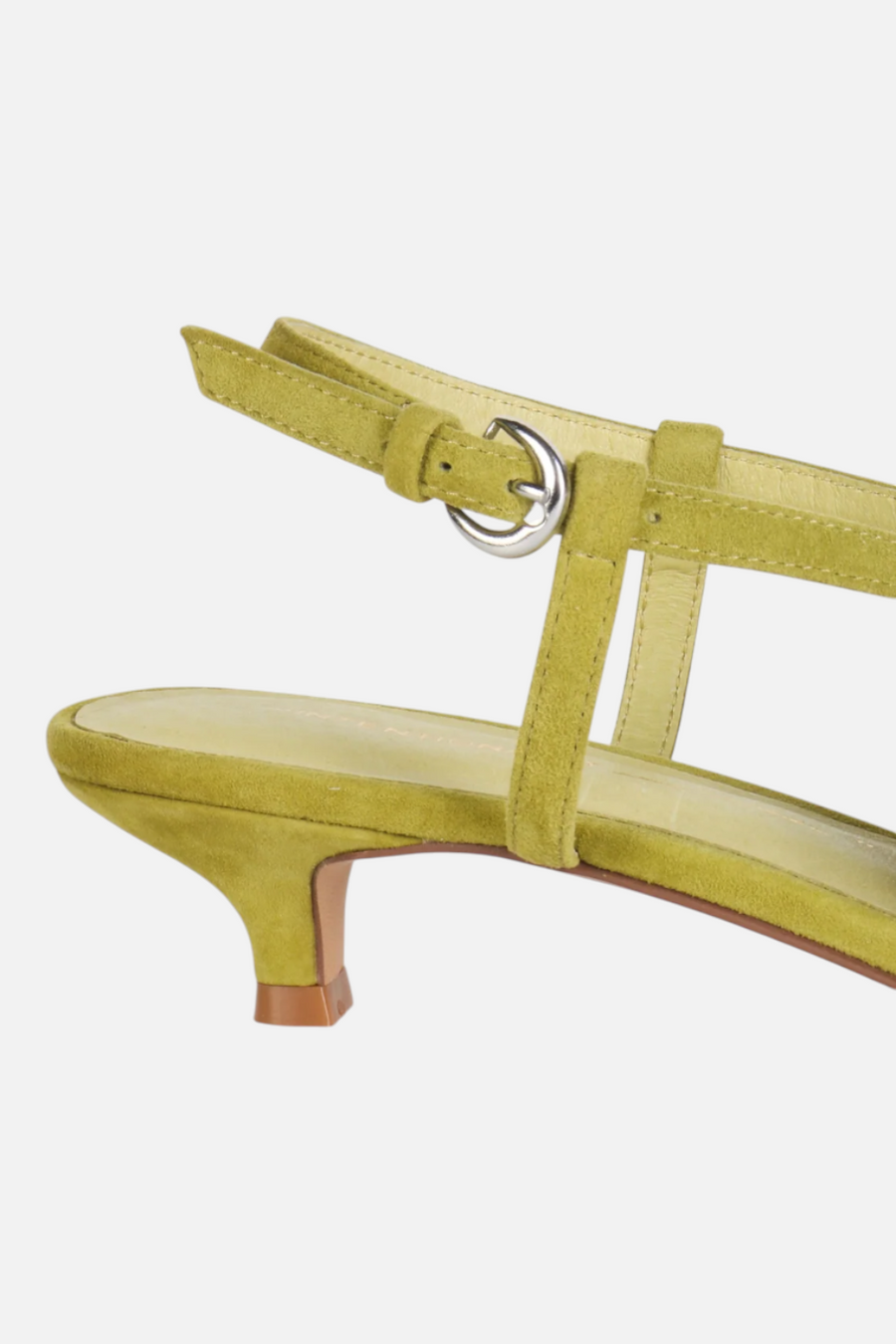 Intentionally Blank Chaperone Fringe Kitten Heel in Avocado – flat lay