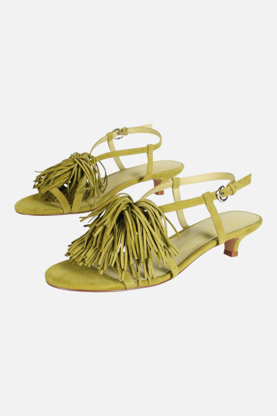 Intentionally Blank Chaperone Fringe Kitten Heel in Avocado – front view