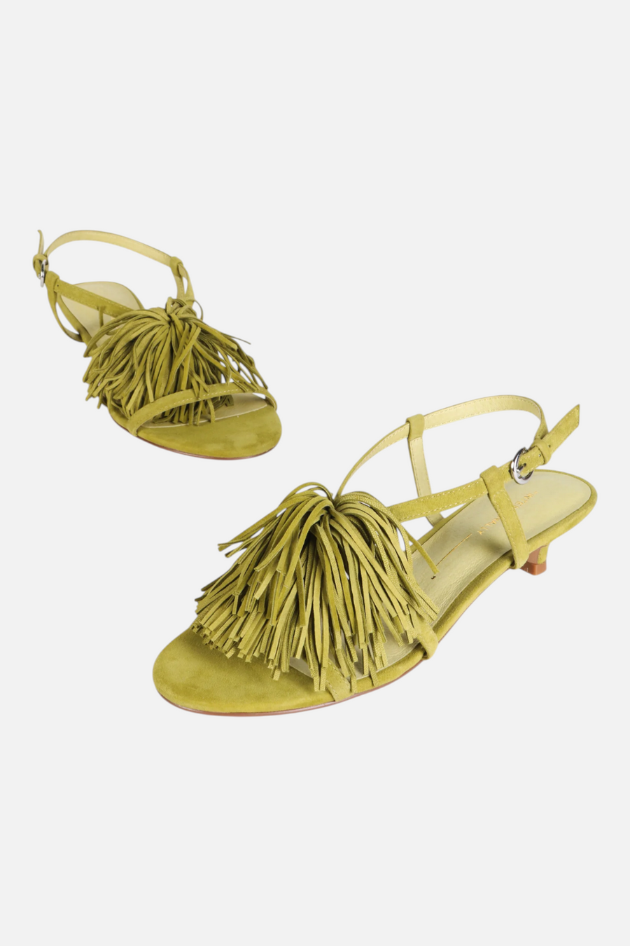 Intentionally Blank Chaperone Fringe Kitten Heel in Avocado – side view
