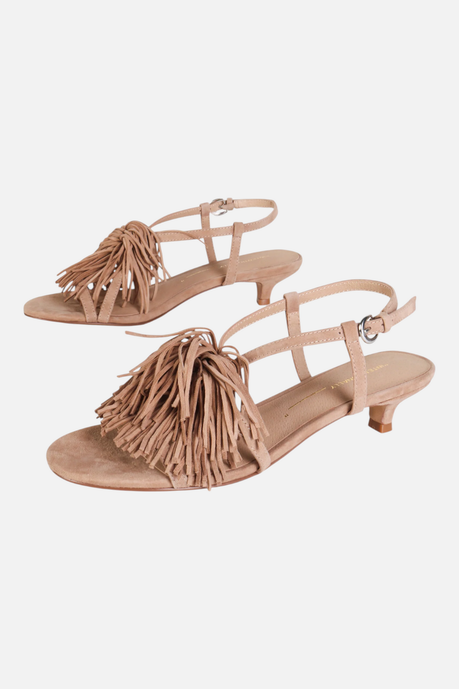 Intentionally Blank Chaperone Fringe Kitten Heel in Taupe – front view