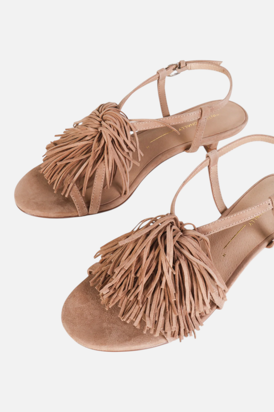 Intentionally Blank Chaperone Fringe Kitten Heel in Taupe – side view