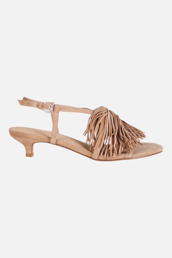 Intentionally Blank Chaperone Fringe Kitten Heel in Taupe