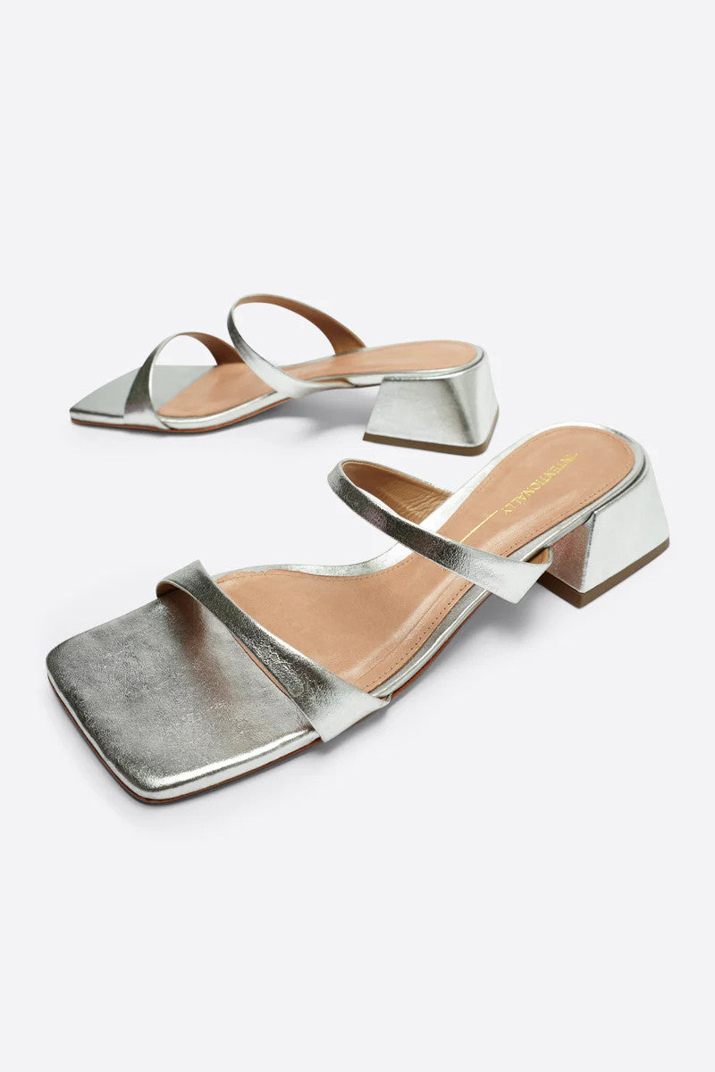 Intentionally Blank Near Metallic Heeled Sandal in Silver – back view