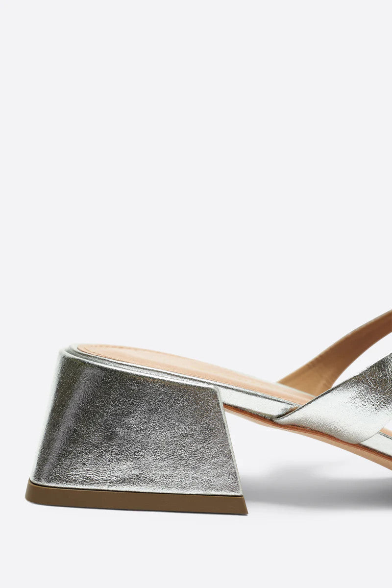 Intentionally Blank Near Metallic Heeled Sandal in Silver – flat lay