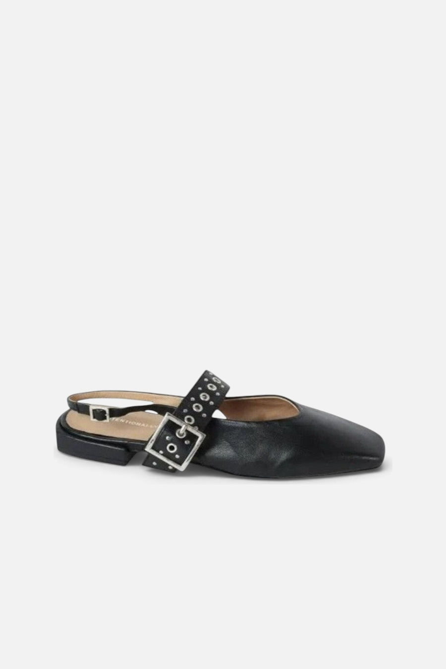 Intentionally Blank Pearl Singleback Ballet Flat in Black Sole – side view