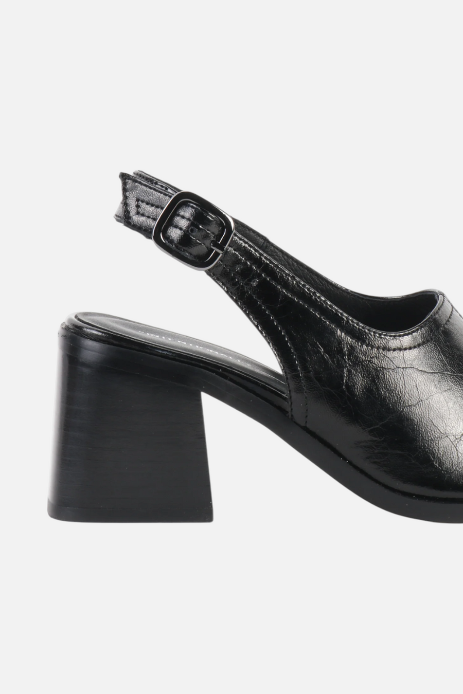 Intentionally Blank Teresa Slingback Open-Toe Block Heel in Black Leather – detail