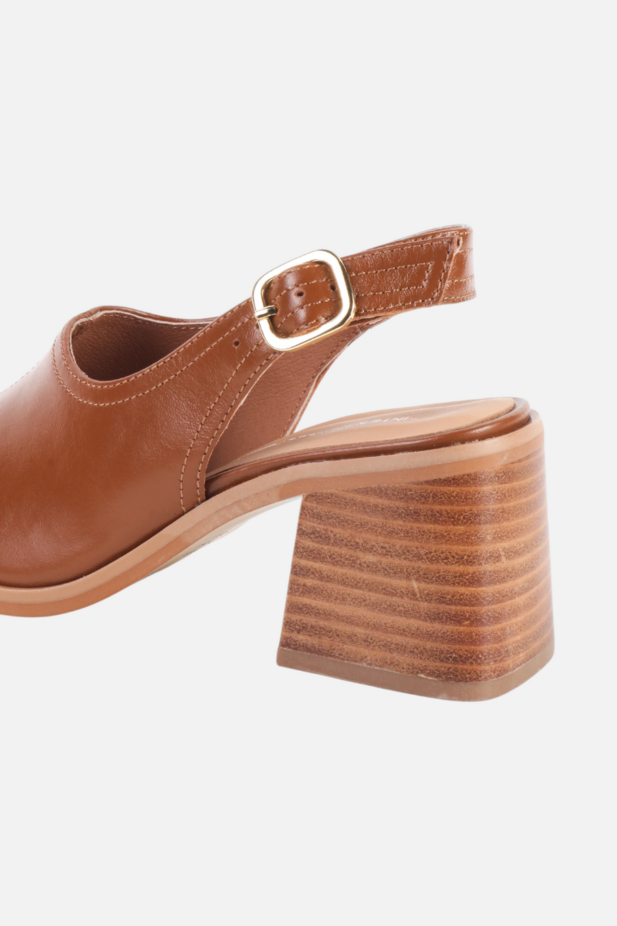 Intentionally Blank Teresa Slingback Open-Toe Block Heel in Tan Leather – detail