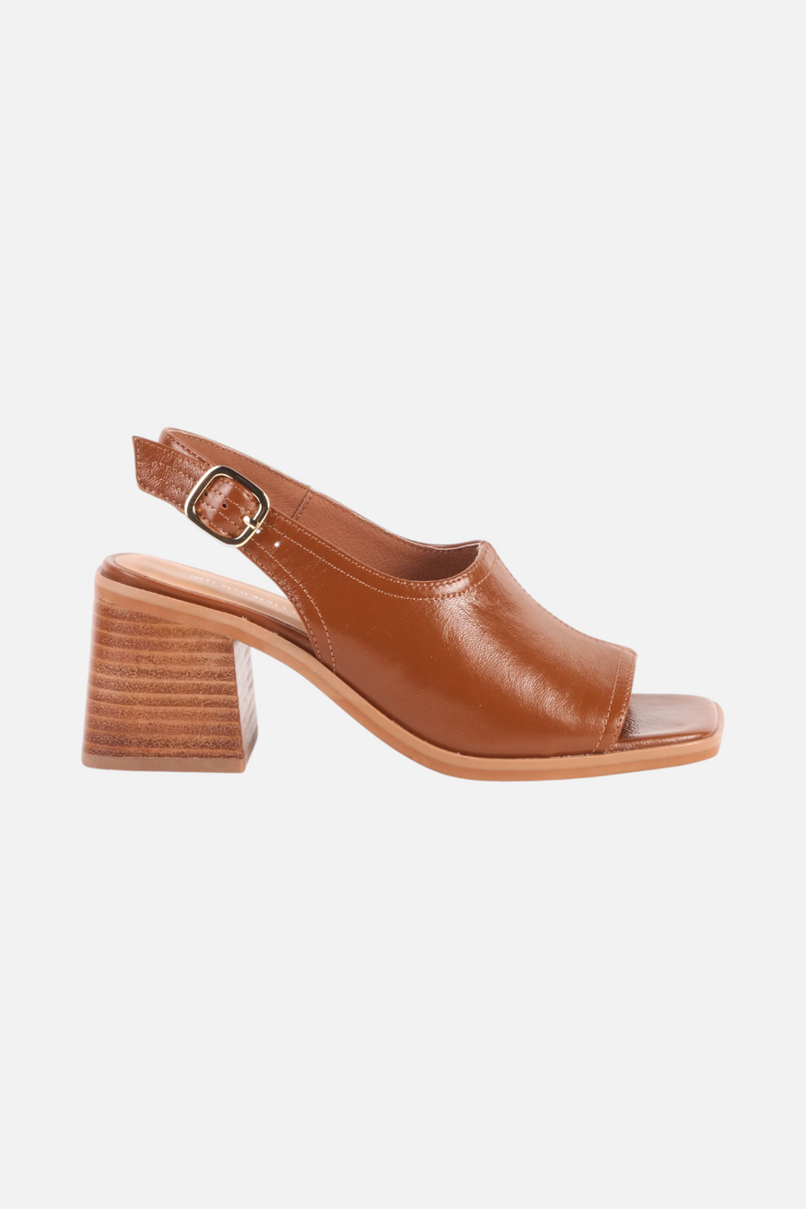 Intentionally Blank Teresa Slingback Open-Toe Block Heel in Tan Leather – flat lay