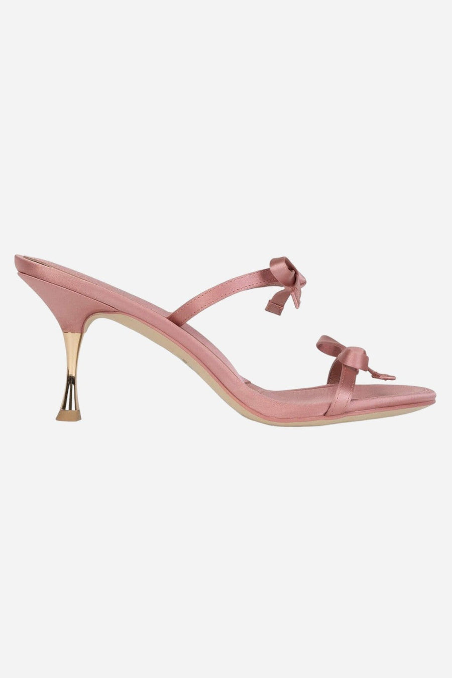 Jeffrey Campbell Bow-Bow Heeled Sandals in Blush Satin Gold – front view