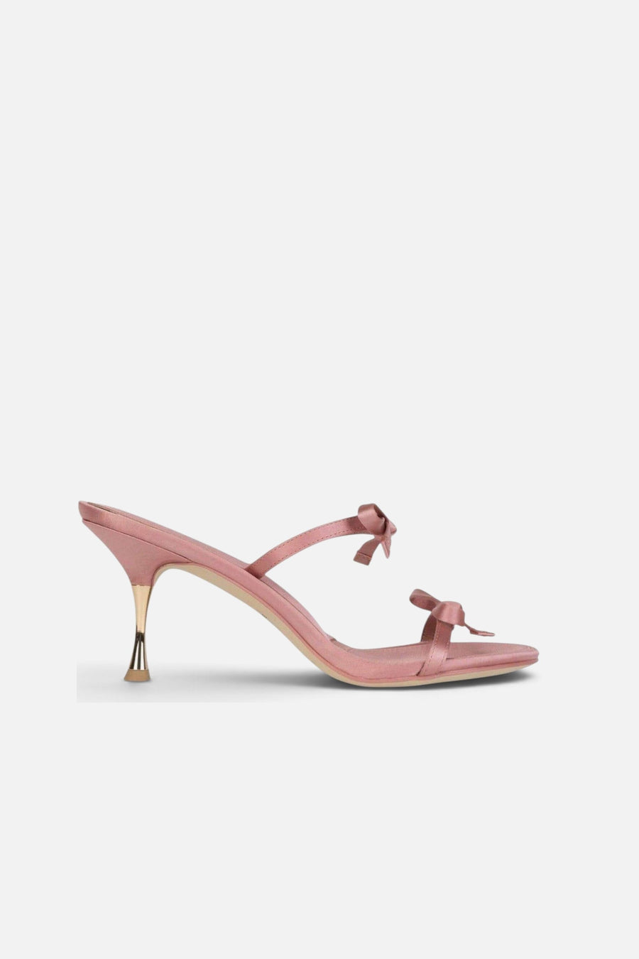 Jeffrey Campbell Bow-Bow Heeled Sandals in Blush Satin Gold – side view