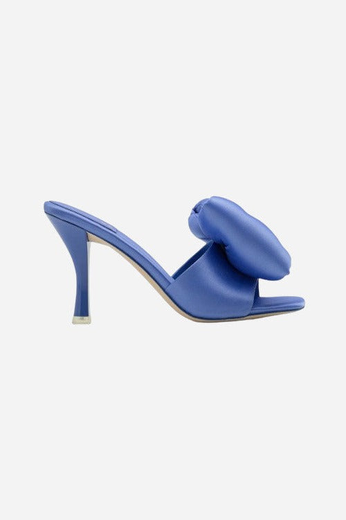 Jeffrey Campbell Deedee Hi Heeled Big Bow Mules in Blue – back view