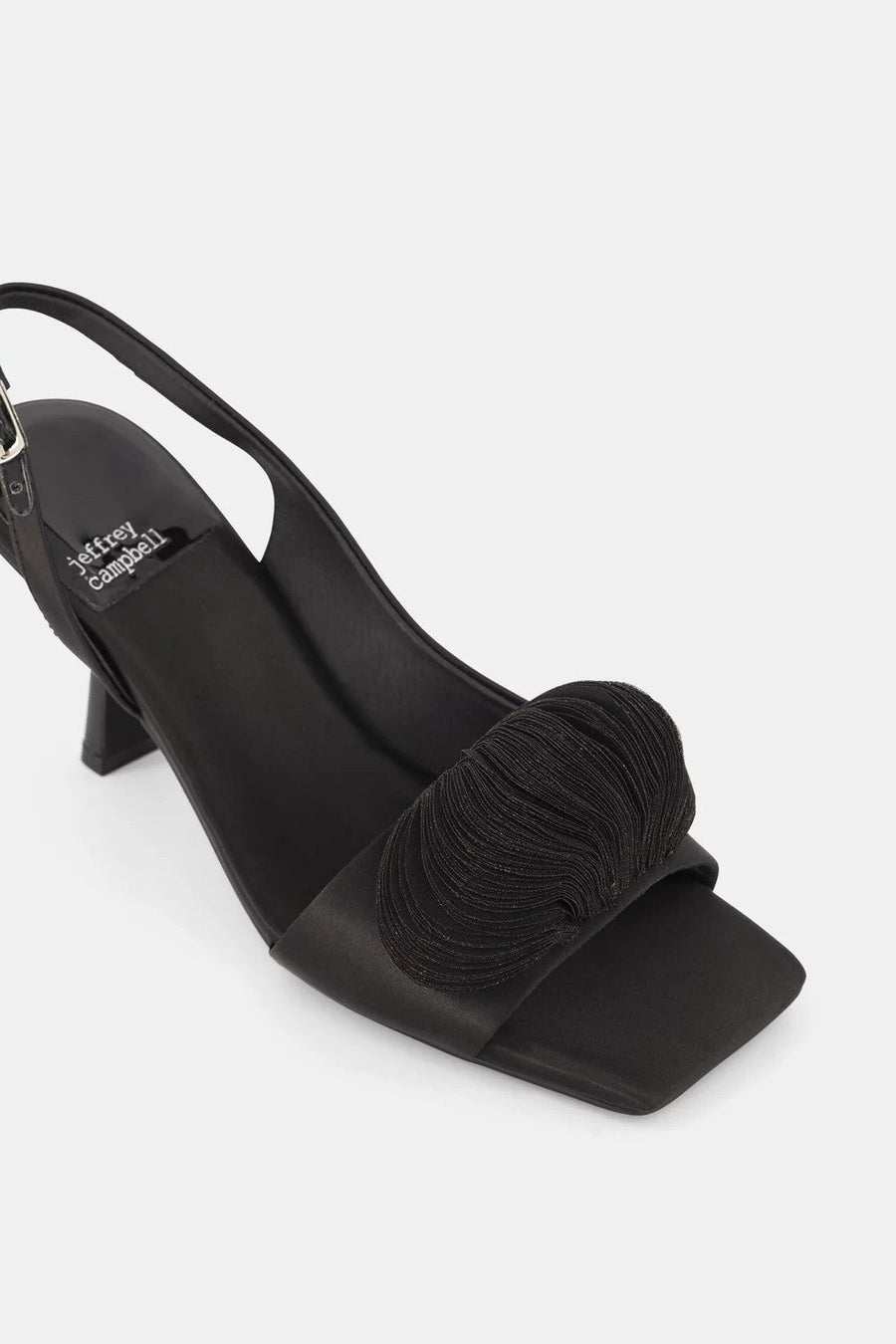 Jeffrey Campbell Duffy Kitten Heels in Black Satin – detail