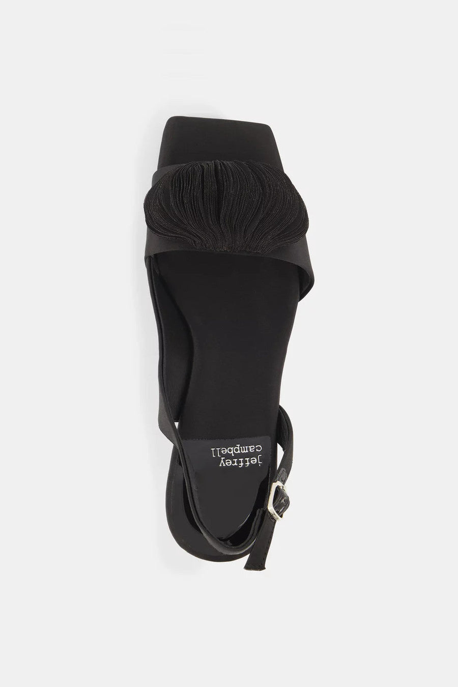 Jeffrey Campbell Duffy Kitten Heels in Black Satin – flat lay