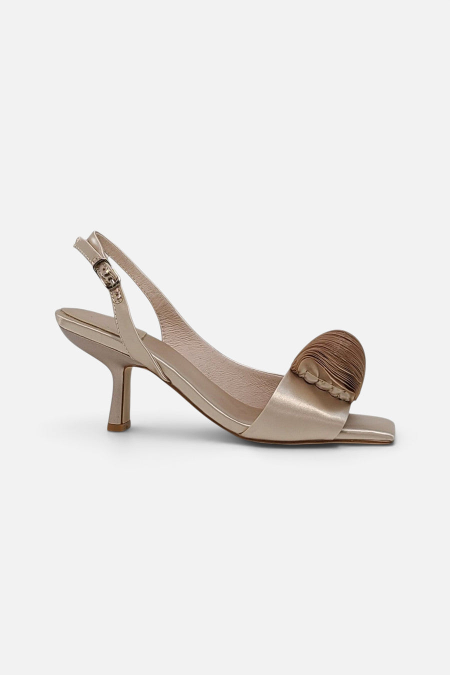 Jeffrey Campbell Duffy Kitten Heels in Champagne Satin – back view