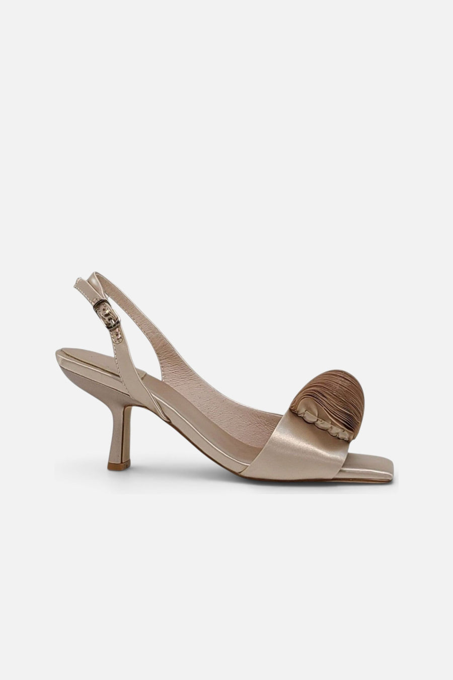 Jeffrey Campbell Duffy Kitten Heels in Champagne Satin – side view