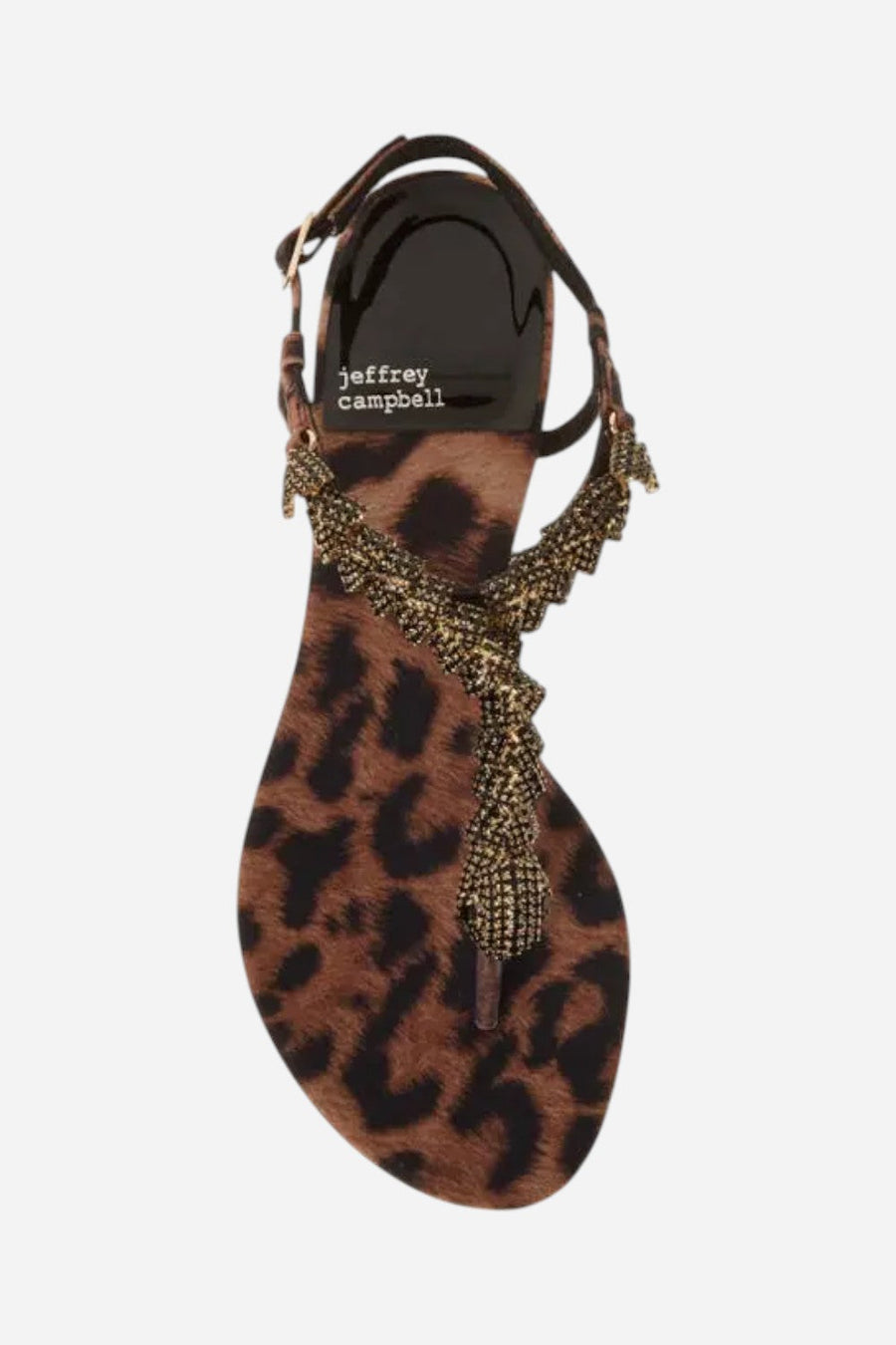 Jeffrey Campbell Kaa Snake Sandal in Black Beige Cheetah Satin – flat lay