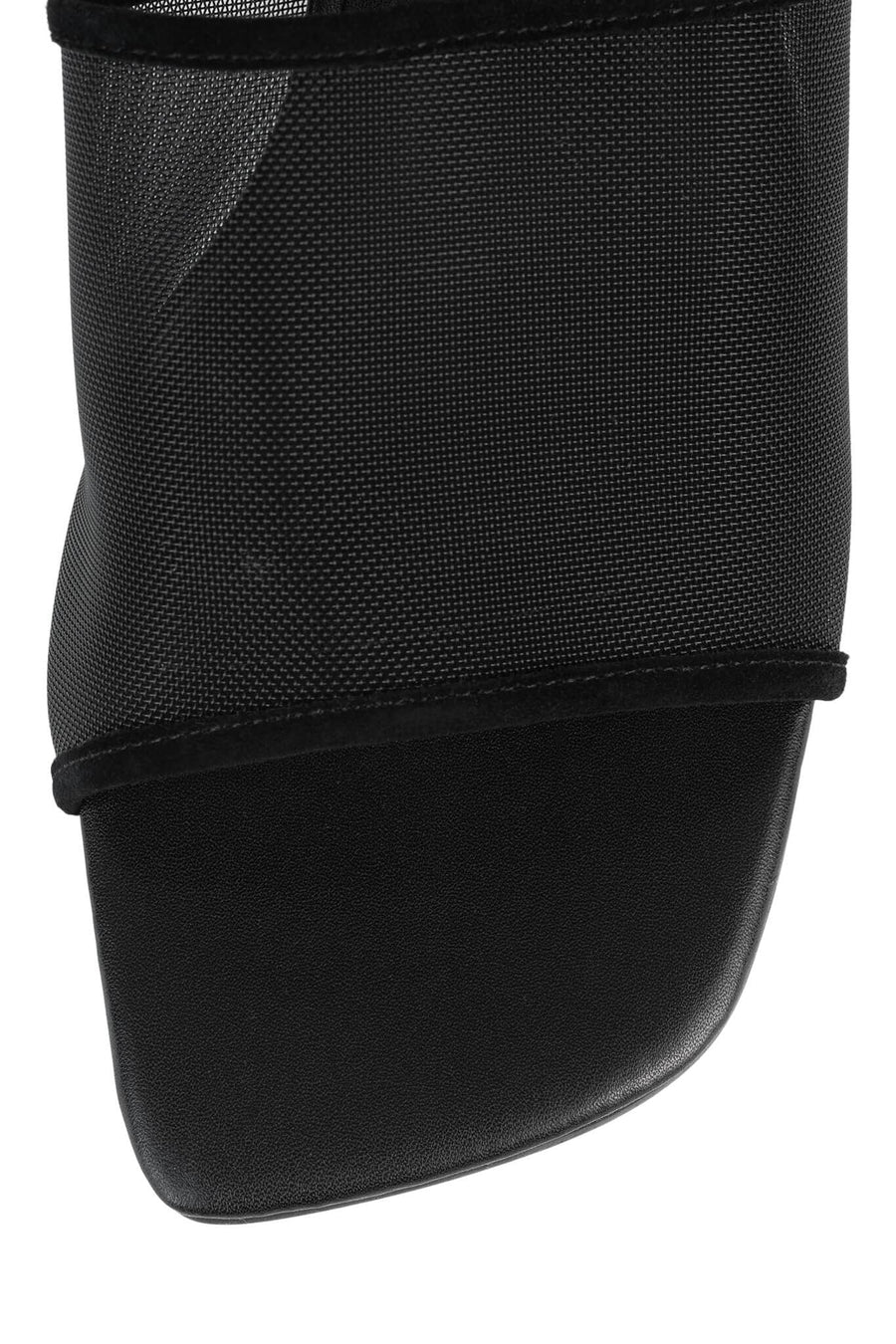 Jeffrey Campbell Malinin Mesh Sandals in Black Suede Combo – flat lay