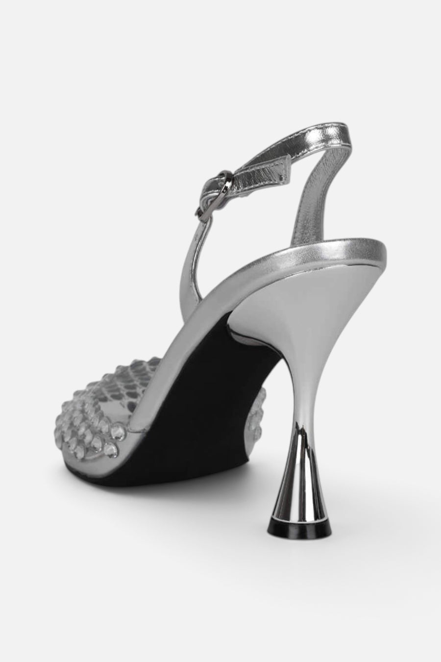 Jeffrey Campbell Shiner Mules in Clear Silver – detail