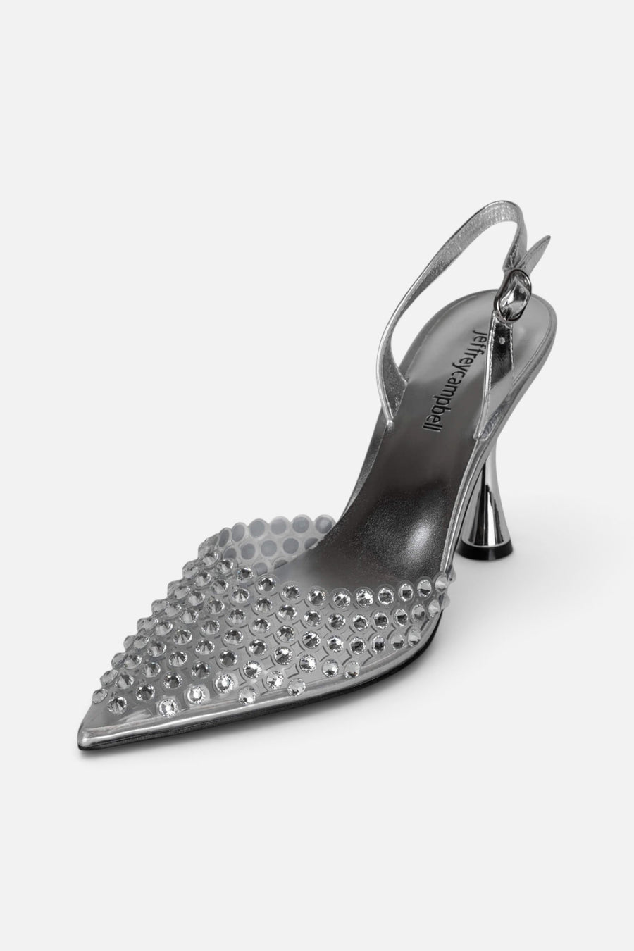 Jeffrey Campbell Shiner Mules in Clear Silver – side view