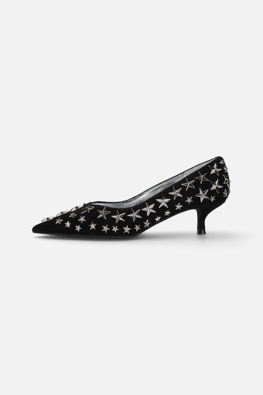 Jeffrey Campbell Starpower Heel in Black Suede Silver – front view