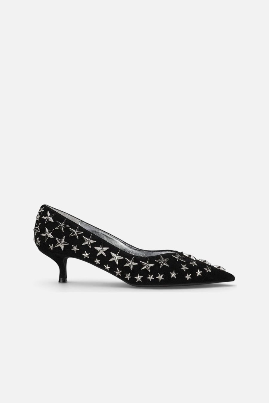 Jeffrey Campbell Starpower Heel in Black Suede Silver – side view