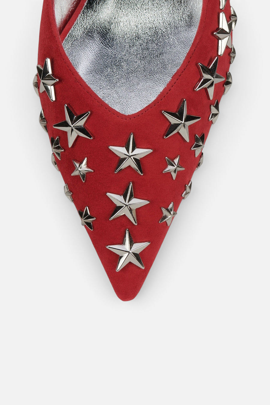 Jeffrey Campbell Starpower Heel in Red Suede Silver – detail