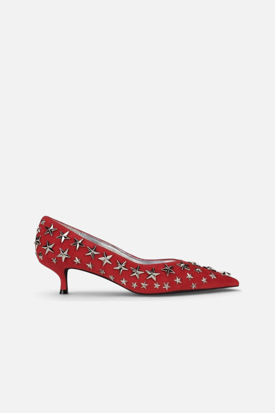 Jeffrey Campbell Starpower Heel in Red Suede Silver – side view