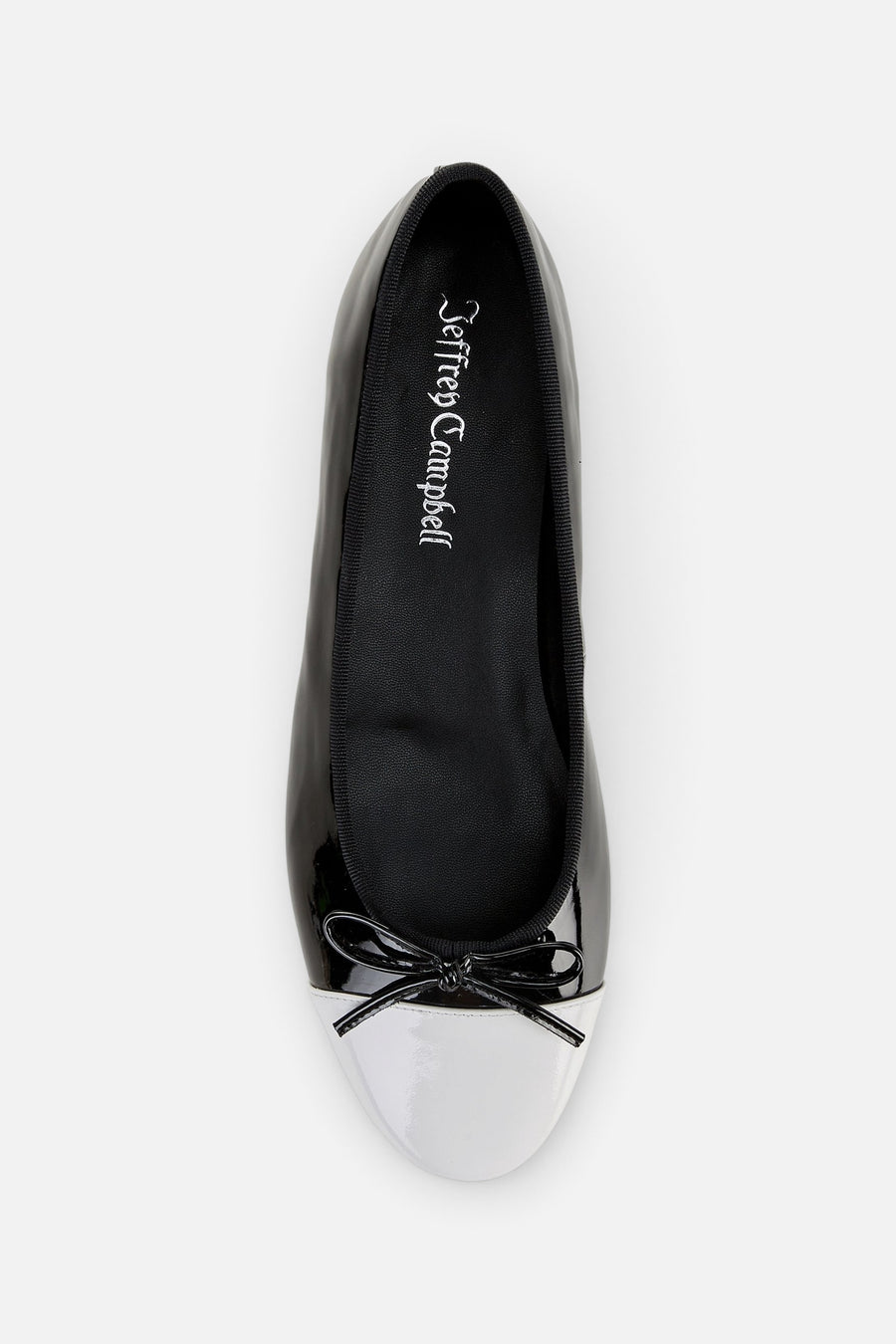 Jeffrey Campbell Women's Arabesque Cap Toe Ballet Flat in Black White Patent – top view