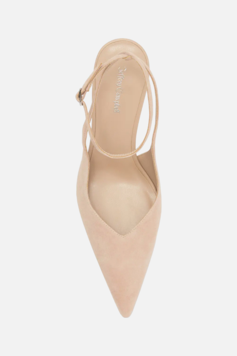 Jeffrey Campbell Women's Executive Ankle Strap Pointed Toe Slingback Pump in Beige Suede – detail