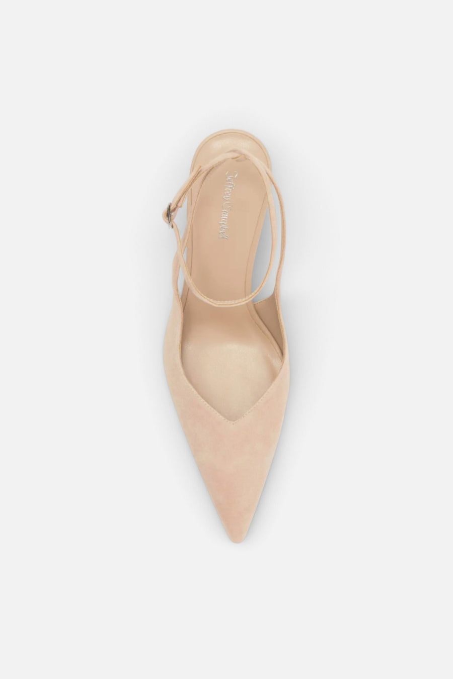 Jeffrey Campbell Women's Executive Ankle Strap Pointed Toe Slingback Pump in Beige Suede – side view