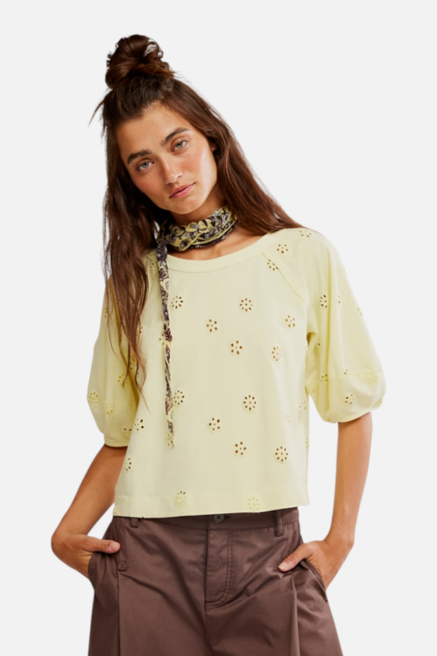 Free People Jessie Eyelet Tee in Lemon Water Combo