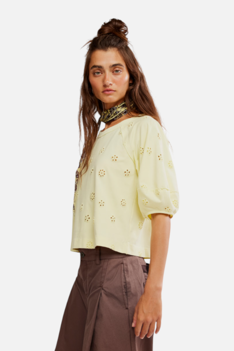 Free People Jessie Eyelet Tee in Lemon Water Combo
