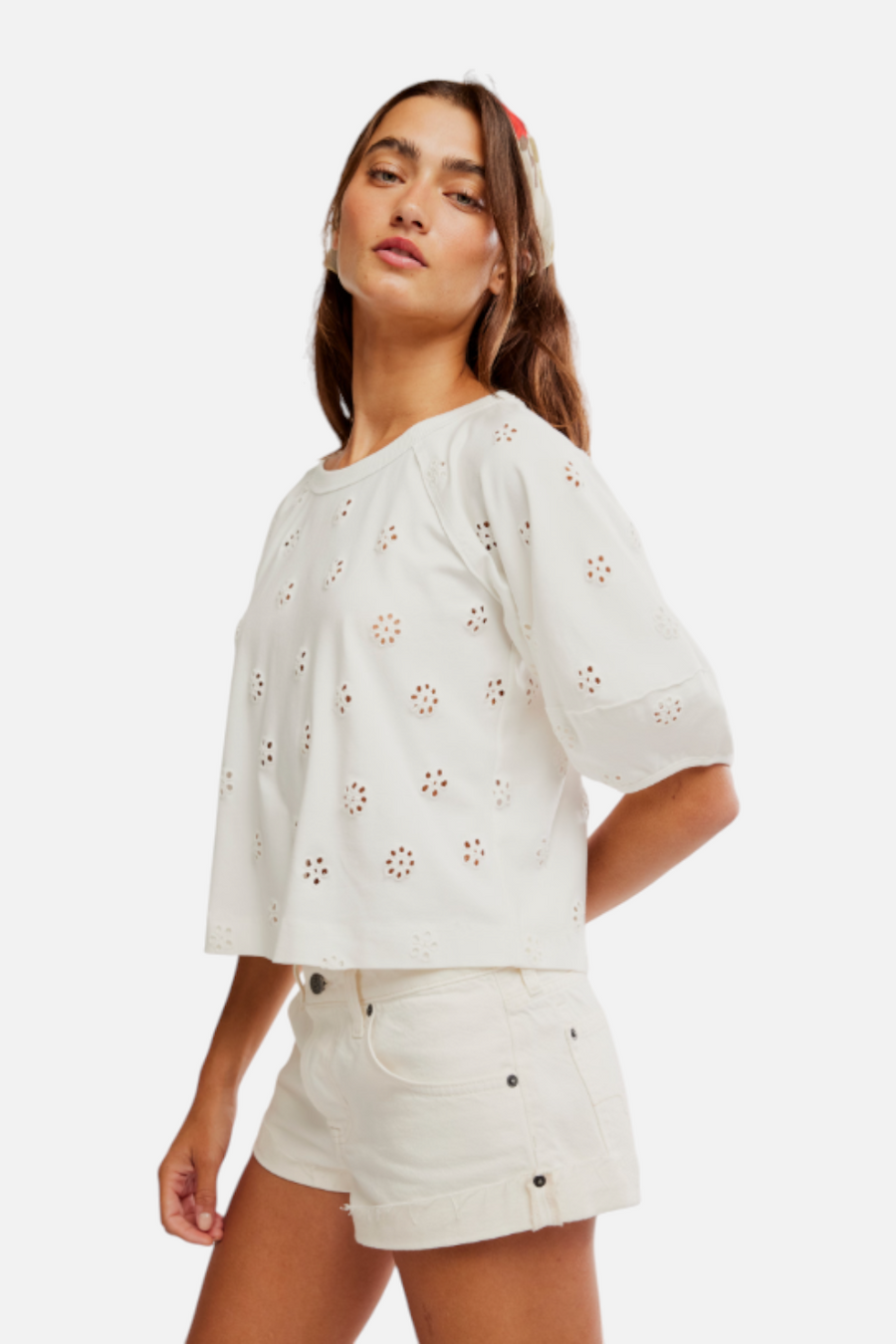 Free People Jessie Eyelet Tee in Whisper White