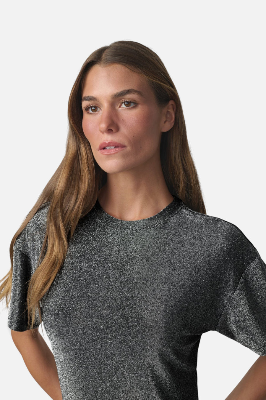 Joe's Jeans Cinch Waist Tee in Gunmetal Sparkle – detail